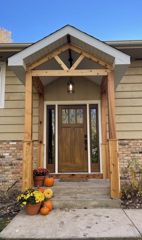 Small Portico Entry, Portico Entry Modern, Gable Porch, Gable Roof Porch, Front Portico, Porch Cover, Portico Entry, Split Entry Remodel, Porch Overhang