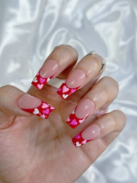 Medium Nails Valentines Day, Short Square Heart Nails, Valentines Day French Tip Nails Short, Girly Acrylics, Nails Sets, French Pink, February Nails, Nail Prep, Nail Sets