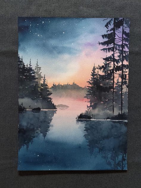 Watercolor Skies, Watercolour Sky, Night Sky Watercolor, Watercolour Bookmarks, Lake At Night, Foggy Lake, Watercolor Night Sky, Art 101, Watercolor Art Landscape