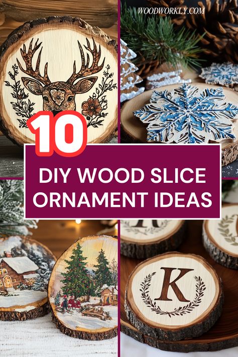 Get inspired with unique wood slice ornament ideas! Perfect for DIY holiday decorations and personalized gifts. Click to explore fun and easy designs! #WoodOrnaments #DIYDecor #HolidayCrafts #Woodworking #HandmadeGifts Coasters From Wood Slices, Wooden Discs Ideas Tree Slices, Diy Christmas Ornament Gift Ideas, Tree Slices Ideas Diy Projects Christmas, Ornaments With Wood Slices, Wood Burning Ornaments Diy, Woodburn Ornaments Diy, Christmas Ornaments Wood Diy, Tree Trunk Ornaments Diy