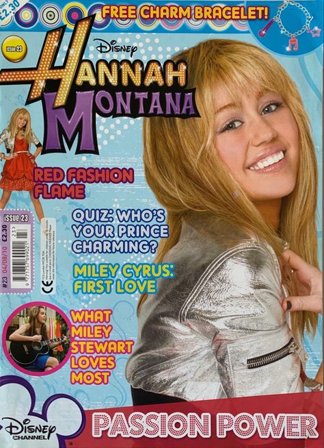 Front cover of Disney Hannah Montana magazine, Issue 23 from August 2010. Hannah Montana wears a blonde wig, silver metallic jacket and stares at the camera, smiling over her shoulder. Hannah Montana Magazine, 2010 Celebrities, Hannah Montana Poster, 2000 Pictures, 00s Party, 2000s Posters, Y2k Stars, Y2k Magazine, Prom Props