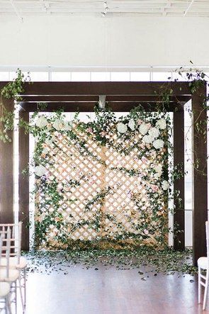 Trellis Photo Backdrop, Roka Ideas, Wedding Ceremony Backdrop Indoor, Ceremony Backdrop Indoor, Emily Clarke, Trellis Wall, Indoor Lanterns, Wedding Altar, Indoor Wedding Ceremonies