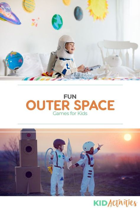 A collection of 15 fun outer space party games for kids. If your child loves space exploration then they'll love playing these games at their party. Use at a space theme day in school as well.  #KidActivities #KidGames #ActivitiesForKids #FunForKids #IdeasForKids Space Party Games, Space Birthday Party Games, Preschool Pe, Space Games For Kids, Summer Party Games, Party Games For Kids, Space Camp, Outer Space Party, Holiday Club