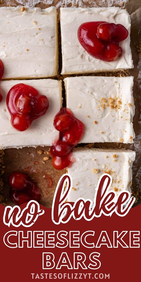 Easy no bake cheesecake bars with graham cracker crust. The no bake bars have the creamiest filling that makes the perfect base for your favorite toppings. Bars With Graham Cracker Crust, No Bake Cheesecake Bars, Low Carb Holiday Recipes, Cherry Pie Bars, Caramel Apple Cheesecake Bars, Peanut Butter Dip, Yummy Cheesecake, Easy No Bake Cheesecake, Coconut Cheesecake