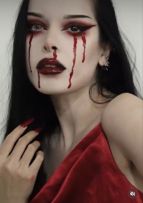 Vampire Makeup For Halloween, Blood Mouth Makeup, Simple Blood Makeup, Avant Garde Makeup Dark, Red Witch Makeup Halloween, Halloween Makeup Minimal, Easy Gore Makeup, Halloween Party Hairstyles, Red Tears Makeup