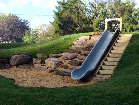 Home Playground Ideas, Playground Ideas Backyard, Home Playground, Outdoor Kids Play Area, Sloped Backyard Landscaping, Design Backyard, Play Area Backyard, Backyard Kids Play Area, Playground Ideas