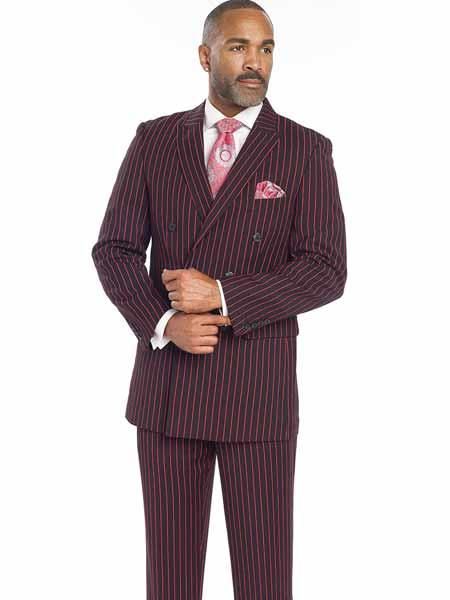 SKU#SM2006 Mens Black/Red Bold Chalk Stripe ~ Pinstripe White Pinstripe Pleated Pants Gangster Suit Gangster Suit, Red Overcoat, Black And Red Suit, Royal Blue Suit, Striped Suit, Christmas Wear, Burgundy Suit, New Years Outfit, Brown Suits