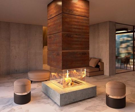 Porcelain tiles by Corten Collection make this fireplace look even warmer. Inspired by rusted steel, this copper rescato has a strong personality that goes with the walls and the furniture of this living room. Do you agree? | Corten collection is inspired by the sobriety and sophistication of metal, bringing the hues and shades of rusted steel to a porcelain tile in 7mm thickness. The colors range from the warmth of White, the strength of Titanium and the intensity of Copper. Hacks Ikea, Living Room Warm, Natural Flooring, Calacatta Gold, Interior Wall Design, Copper Wall, Corten Steel, Ceramic Floor, Wall And Floor Tiles