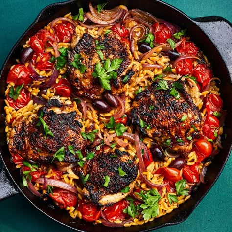 Skillet Chicken with Orzo & Tomatoes Mediteranian Dishes, Meditrainian Diet, Feta Wrap, Medditeranean Diet, Mediterranean Keto, Chicken With Orzo, Galveston Diet, Vegan Mediterranean, Dash Recipe