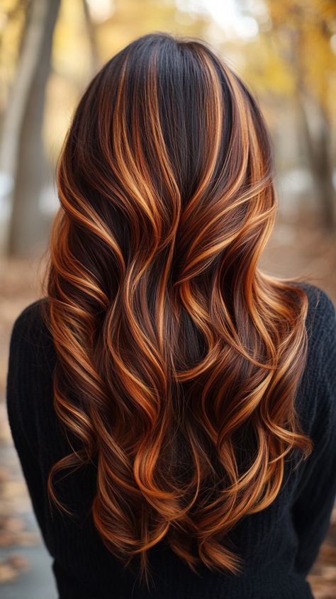 fall hair colors copper highlights Copper Hair And Highlights, Brunette With Copper Balayage, Gold Highlights Brown Hair, Copper Hair Color With Highlights, Ginger Hair With Highlights, Copper Fall Hair, Calico Hair Color, Skunk Highlights, Copper Blonde Balayage