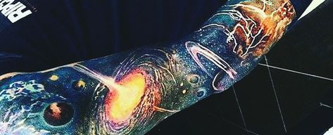 Discover all of matter and space with the top 75 best universe tattoo designs for men. Explore manly ideas with cool stars, galaxies, planets and more. Space Tattoo Sleeve, Outer Space Tattoos, Science Tattoo, Universe Tattoo, M Tattoos, Tattoo Trend, Galaxy Tattoo, Theme Tattoo, Geniale Tattoos