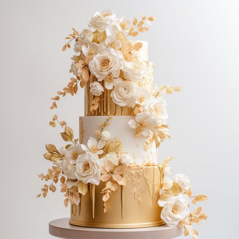 White And Gold Cake 2 Tier, White And Gold Wedding Cake With Flowers, Gold And White Cake Wedding, Mango Wedding Cake, Gold And Cream Wedding Theme, White And Gold Wedding Cake Elegant, Gold And White Cakes, Wedding Cake Designs Elegant Gold, White And Gold Wedding Cakes