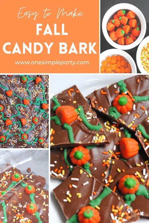 Candy Bark Recipes, Fall Snack Mixes, Thanksgiving Chocolates, Bark Recipes, Thanksgiving Candy, Fall Pumpkin Patch, Dark Chocolate Candy, Pumpkin Candy Corn, Fall Candy