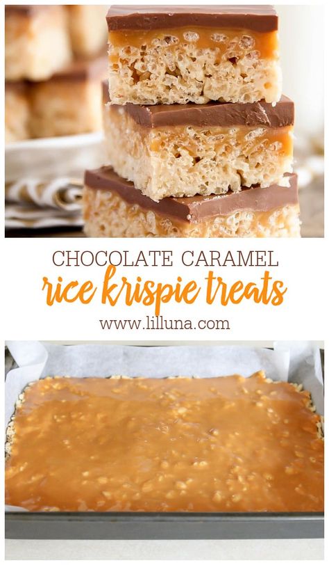 Deliciously decadent Chocolate Caramel Rice Krispie Treats are a new chocolatey twist on the classic treat! #ricekrispietreats #chocolatecaramel #caramel #chocolate #desserts #ricekrispies Rice Krispie Treats Salted Caramel, Rice Krispie Caramel Bars, Rice Crispy Treats With Caramel, Caramel Krispie Treats, Salted Carmel Rice Crispy Treat, Rice Crispy Treats Caramel, Twix Rice Krispie Treats, Rolo Rice Krispie Treats, Million Dollar Rice Crispy Bars