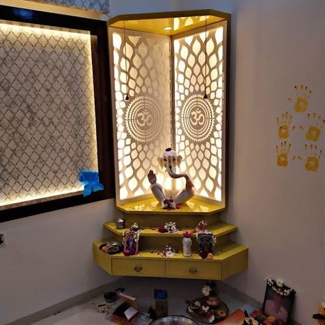 Corner Temple, Puja Unit Design, Small Living Dining Room, Puja Unit, Small Living Dining, Temple Design For Home, Pooja Room Door Design, Pooja Room Design, Room Door Design