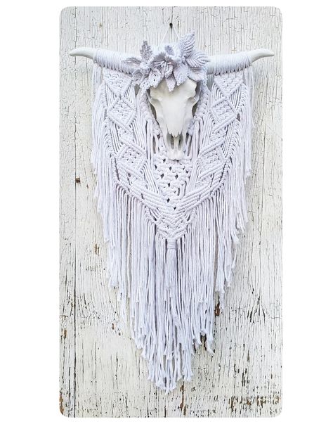 Macrame Skull Wall Hanging Macrame Flowers on Faux Steer | Etsy Steer Skull Decor, Macrame Skull, Deer Skull Decor, Elk Skull, Macrame Flowers, Twine Crafts, Flowers Crown, Resin Skull, Steer Skull