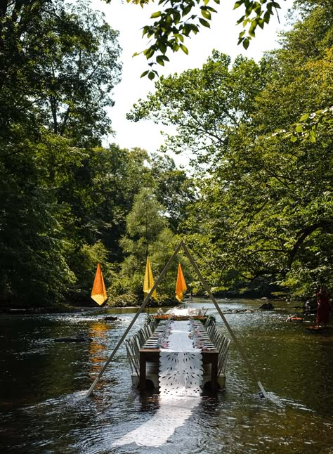 This Supper Club Hosted a Dinner Party in the Middle of a Creek | From the colorful floating florals to the seed bomb creation station to the Flamingo Spritz cocktails made with sparkling flamingo tears, every detail of this event was fun, playful and designed to make guests feel like part of a community. | Photo: Alison Conklin Floating Florals, Ireland Houses, Outdoor Dinner Parties, Creation Station, Rock Garden Landscaping, Front House Landscaping, Coffee Breakfast, Supper Club, Unique Venues