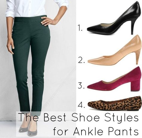 Alison Gary of Wardrobe Oxygen answers which shoes look best with ankle pants by offering different footwear to style with the Lands' End Portico Ankle Pant. Ankle Pants Outfit, Shoes Wardrobe, Wardrobe Oxygen, Pants Outfit Work, How To Wear Ankle Boots, Black Ankle Pants, Below The Knee Dresses, Ankle Pants Women, Mode Tips