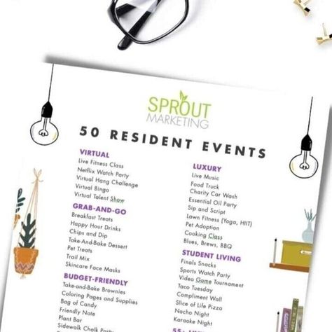 March Resident Events, Resident Events Ideas Apartments, Essential Oil Party, Sprout Marketing, Neighborhood Activities, Event Checklist, Resident Retention, Resident Events, Sprouts Market