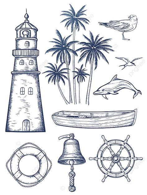 Vintage Nautical Tattoo, Nautical Drawings, Nautical Drawing, Packaging Idea, Nautical Tattoo, Hand Drawn Vector Illustrations, Desenho Tattoo, Vintage Nautical, Hand Drawn Vector