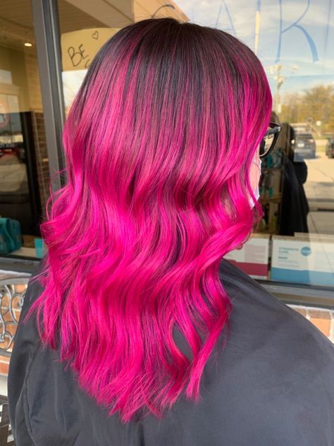 Dark Brown Hair With Magenta Balayage, Magenta Hair With Dark Roots, Bright Pink Hair Dark Roots, Magenta Hair Dark Roots, Dark Root Pink Hair, Hot Pink Hair With Dark Roots, Brown Roots Pink Hair, Dark Roots Pink Hair Balayage, Pink Hair With Brown Roots