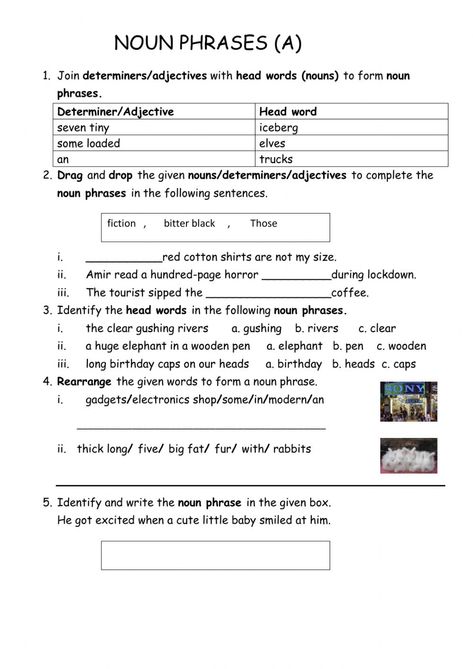 Noun Phrases interactive worksheet Noun Phrases Worksheets, Expanded Noun Phrases, English Collocations, Study English Language, Worksheets For Grade 3, Nouns Worksheet, Grade Spelling, Spelling Lists, Word Recognition