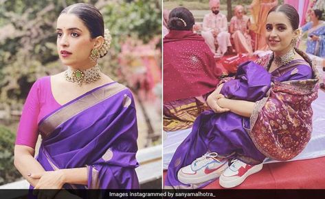 Sanya Malhotra In Saree, Saree With Sneakers, Sanya Malhotra Saree, White Platform Sneakers, Sanya Malhotra, Straight Cut Pants, Black Lehenga, Yellow Lehenga, Sleek Bun