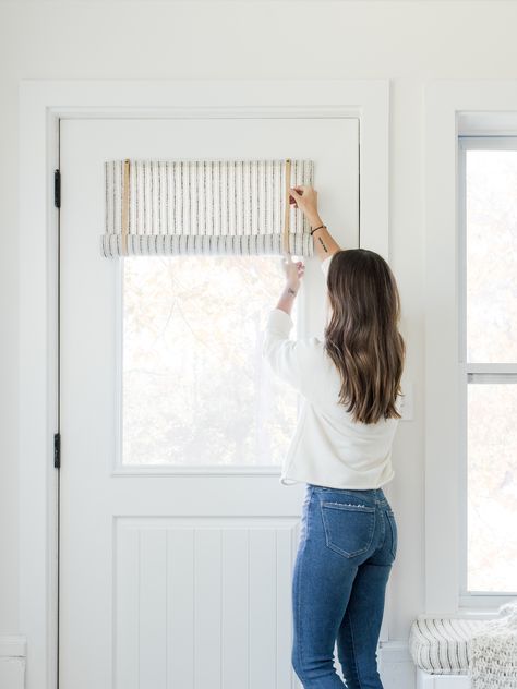 No Sew DIY Door Shade | Laine and Layne Door Window Coverings, Curtain Over Back Door, Cottage Door Curtain, Shade Blinds, Back Door Shade Ideas, Front Door Window Shade, Cover Window Ideas, Back Door Window Covering, Roman Shade On Door