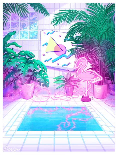 🍹 Tropical Vaporwave, Haunted Arcade, Pink And Green Aesthetic, Vaporwave Room, Imvu Backgrounds, Wave Aesthetic, Beautiful Phrases, Neon Cyberpunk, 80s Art