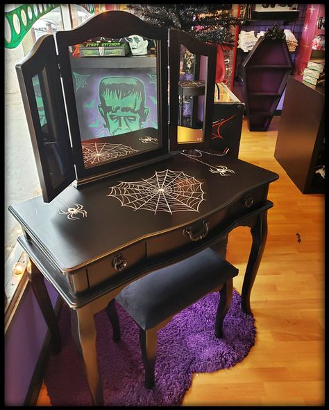 Pastel Goth Living Room Ideas, Gothabilly Home Decor, Spooky Vanity, Gothabilly Decor, Gothic Vanity, 3 Way Mirror, Home Decor Ideas Kitchen, Gothic Decor Bedroom, Goth Bedroom