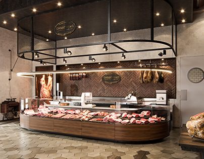 Steakhouse Restaurant Design, Bbq Restaurant Design, Butcher Store, Pet Store Design, Restaurant Counter, Meat Store, Meat Restaurant, Grocery Store Design, Industrial Restaurant