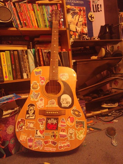 Guitar Stickers Aesthetic, Acoustic Guitar Stickers, Aesthetic Guitar, Guitar Decorations, Custom Acoustic Guitars, Guitar Stickers, Kandi Kid, Music Studio Room, Stickers Aesthetic