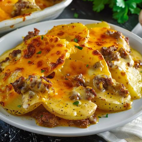 This Cheesy Hamburger Potato Casserole combines seasoned ground beef, tender potatoes, and melty cheddar cheese for a satisfying and easy-to-make dish. Cheesy Hamburger Potato Casserole, Scalloped Potatoes With Ground Beef, Potluck Potato Recipes, Ground Beef Potato Casserole, Hamburger Potato Casserole, Mashed Potato Casserole, Hamburger Casserole, Ground Beef And Potatoes, Cheddar Cheese Soup