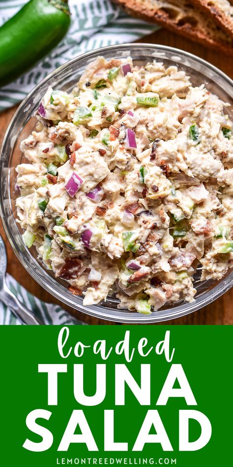 The ULTIMATE Tuna Salad - loaded with mayo, mustard, red onion, jalapeños and bacon! This tuna salad is delicious all on its own or in a sandwich or melt! Tuna Salad Dip, Tuna Salad Roll Ups, Mayoless Tuna Salad, Jalapeno Tuna Salad, Tuna Roll Ups, Mathew Mcconaughy Tuna Salad, Tuna Apple Salad, Tuna Salad With Corn, Tuna Salad With Mustard