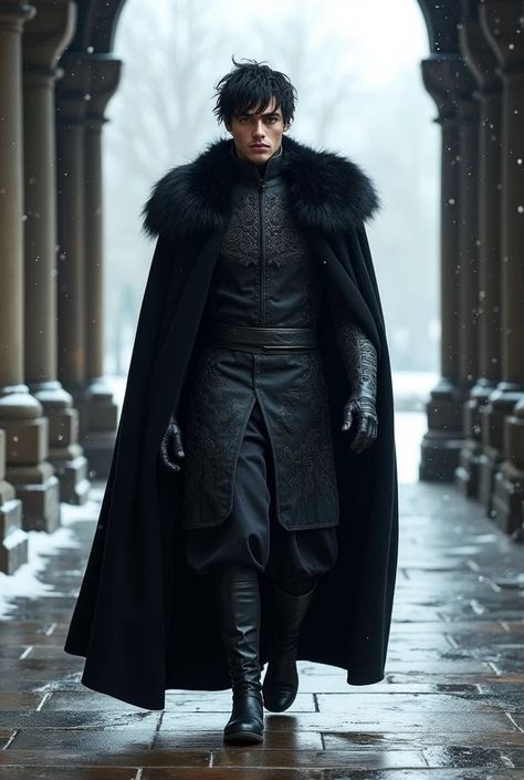 Cold Weather Fantasy Outfits Male, Medieval Cloak Men, Wedding Armor Men, Medieval Men Aesthetic, Targaryen Fashion Men, Fantasy Male Fashion, Game Of Thrones Outfits Men, Medieval Winter Clothes Men, Black Fantasy Outfit Male