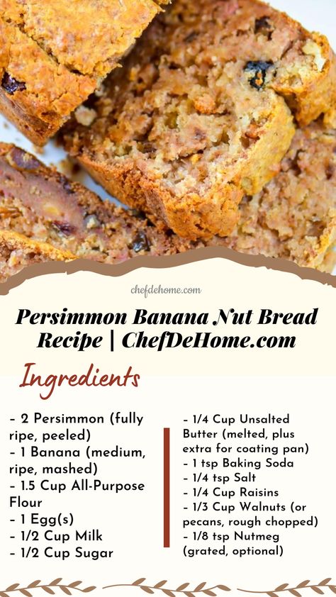 Sharing today, moist and nutty persimmon banana bread for a warm and comforting holiday breakfast. This persimmon bread is like my declaring the arrival of winter! Season of warm breakfasts and lot... Persimmon Banana Bread, Persimmon Roll Recipes, Persimmon Bread Recipe Easy, Baking Deserts, Persimmon Cookies, Persimmon Bread, Persimmon Recipes, Banana Nut Bread Recipe, Nut Bread Recipe