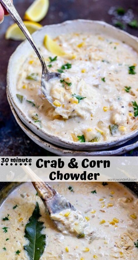 This chowder recipe is quick and easy! Crab and Corn Chowder is a thick, rich, indulgent soup that will make you think you are near the beach. With some shortcuts this hearty chowder comes together in no time and is perfect for the chilly months. #chowderrecipes #souprecipes #crabchowder #cornchowder #easydinnerrecipes #dinnerideas #30minutemeals #seafoodrecipes Crab Chowder Recipes, Crab And Corn Chowder, Crab And Corn, Crab Soup Recipes, Crab Dishes, Crab Soup, Corn Chowder Recipe, Chowder Soup, Chowder Recipe