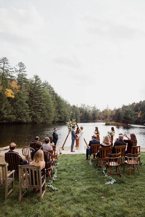 Small outdoor wedding on lake beach during the fall in the Adirondacks in Upstate New York. New York wedding packages. Upstate NY elopement packages. Elegant Small Wedding, New York Upstate, Small Outdoor Wedding, Lake House Wedding, Small Weddings Ceremony, Upstate Ny Wedding, Places To Elope, Cabin Wedding, The Adirondacks