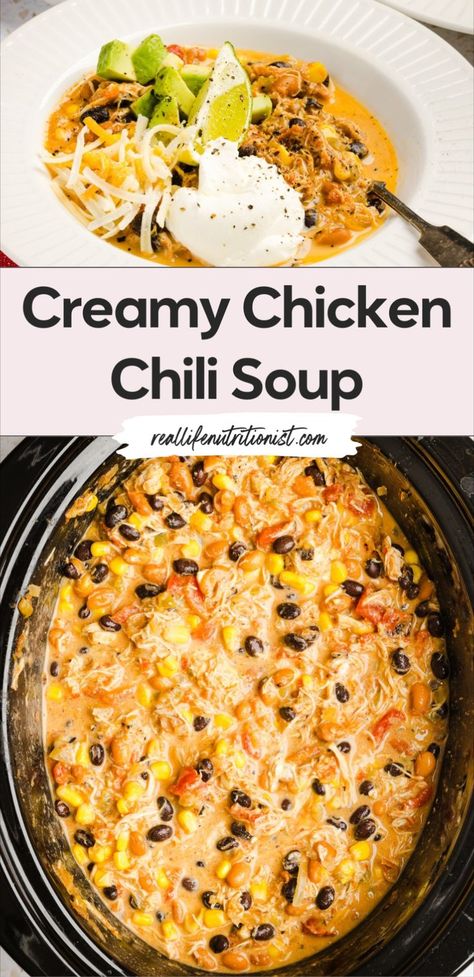 This crockpot chicken chili recipe with cream cheese is the perfect healthy soup for an easy meal. This slow cooker chicken chili has a rich, creamy texture, making it the best chicken chili for cozy nights. Just add everything to your chicken chili crockpot, and enjoy a satisfying bowl of cream cheese chicken chili! Red Chicken Chili, Best Chicken Chili, Red Chicken Chili Recipe, Crockpot Chicken Chili, High Fiber Dinner, Crockpot Chicken Chili Recipes, Protein Soup Recipes, Chicken Chili Soup, Creamy Chicken Chili