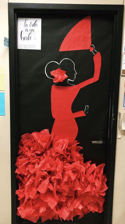 Flamenco dancer in honor of Hispanic Heritage Month, door decorating contest. (original design by @leannabinick) Hispanic Month Door Decoration, Spain Door Decorations Classroom, Spanish Heritage Month Decorations, Hispanic Door Decorations Classroom, Hispanic Heritage Door Decoration Ideas, Hispanic Heritage Month Classroom Door, Hispanic Heritage Door Decoration, Spanish Decorations, Spanish Classroom Door