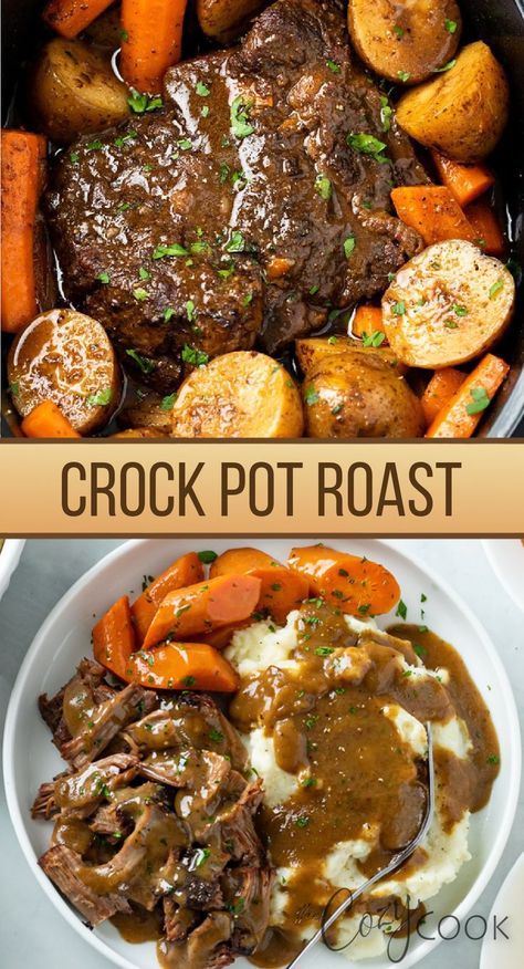 Your house will smell amazing as this delicious Pot Roast slowly cooks in the Crock Pot! This Crock Pot Roast Recipe includes Potatoes, Carrots, and plenty of flavorful gravy with the most tender beef! Easy Dinner For Entertaining, Easy Crockpot Dump Meals, Chuck Roast Crock Pot Recipes, Roast Beef Crock Pot Recipes, Crock Pot Roast, Delicious Pot Roast, Crockpot Pot Roast, Slow Cooker Pot Roast Recipes, Crockpot Roast Recipes