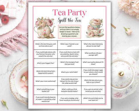 This printable Spill the Tea party game is the perfect tea party activity for any afternoon tea, garden tea party or ladies tea party.   This fun tea party activity is perfect for a girls tea party, garden tea party, teen tea party activities and groups large and small!    Also a great activity for your book club, social group, or any gal pal gathering. 🔴  For Other Tea Party themed items, check out:  https://www.etsy.com/shop/BrewedLeafLove?ref=seller-platform-mcnav&section_id=38639693 🔴  YOUR PURCHASE INCLUDES 1 PDF FILE: Spill the Tea party game to download and print at home   1.  US Letter Page (8.5" x11") game  🔴  INSTANT DOWNLOAD - DIGITAL DOWNLOAD This listing is for a high resolution 300 DPI instant download item. No physical product will be shipped. This product is not editable Spill The Tea Questions For Friends, Teenage Tea Party, Spill The Tea Questions, Teen Tea Party, Tea Party Games For Women, Birthday Afternoon Tea, Girls Tea Party Birthday, Tea Party Activities, Paper Centerpieces