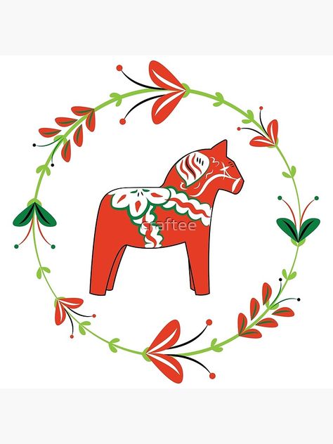 Scandinavian Folk Art Swedish Style, Swedish Tattoo, Art Wreath, Scandi Art, Swedish Folk Art, Greeting Card Art, Swedish Christmas, Horse Tattoo, Dala Horse