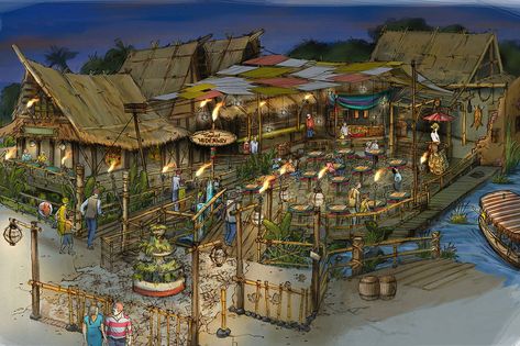 Acnh Swamp, Jack Hawthorne, Jungle Cruise Disneyland, Oasis Restaurant, Resort Concept, Places To Go In Florida, Theme Park Concept Art, Park Concept Art, Tropical Hideaway