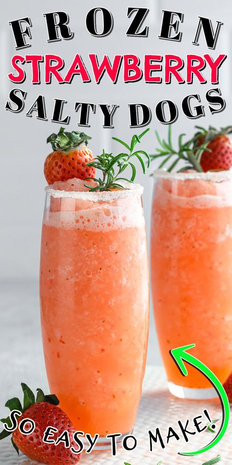 This frozen strawberry salty dog recipe features vodka, strawberries, and grapefruit juice. This frozen cocktail takes just 5 minutes to make and delivers a sweet and sour punch! A slushie cocktail with flavorful berries and juice, this drink just screams spring and summertime! Vodka Strawberries, Vodka Frozen Drinks, Vodka Slushies, Candied Strawberries, Strawberries Recipes, Sour Punch, Slushy Drinks, Frozen Drink Recipes, Strawberry Cocktails