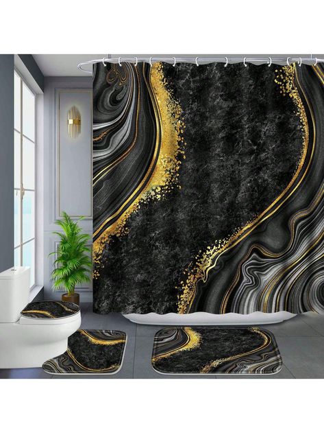 Canary Houze · Products · Black Marble Bathroom Bliss: 4-Piece Shower Curtain Set with Rugs, Bath Mat, U-Shape, Toilet Lid Cover, and Hooks · Shopify Comfortable Bathroom, Bathroom Sets Shower Curtains, Black Marble Bathroom, Black And Gold Bathroom, Bathroom Decor Themes, Bathroom Shower Curtain Sets, Bathroom Mat Sets, Toilet Lid Cover, Bathroom Decor Sets