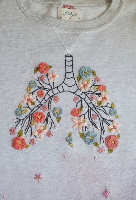 Flower Lungs, Clothes Embroidery Diy, Embroidery Lessons, Embroidery Tshirt, Hand Embroidery Projects, Dip Dyed, Gray Sweatshirt, Embroidery On Clothes, Sewing Embroidery Designs