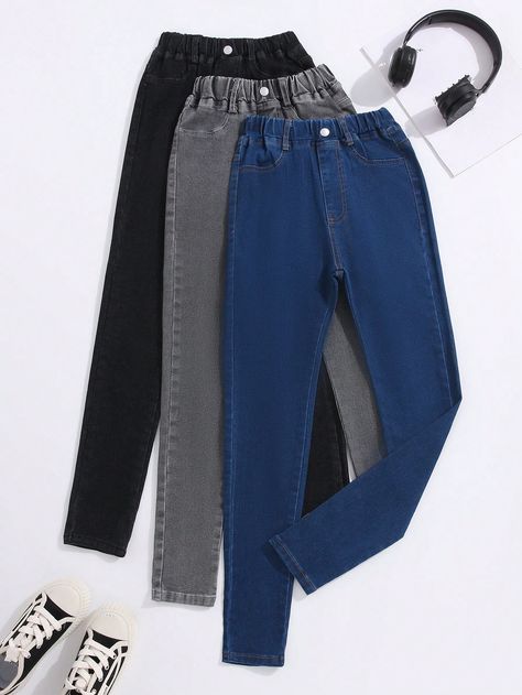 Multicolor  Collar   Plain Skinny Embellished High Stretch All Tween Girls Clothing Jeans For Girls 10-12, Trending Pants, Girls Cargo Pants, Teen Pants, Jeans For Girls, Belted Shirt Dress, Old Jeans, Girls Denim, Jeans Online