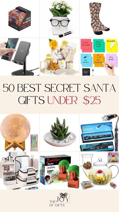 Need an amazing Secret Santa gift for a $25 budget? See affordable Secret Santa gift ideas from The Joy of Gifts that will keep your wallet happy. These Christmas gift ideas are arranged by budget, so you'll even see Secret Santa gifts under $10. Get them something they'll love without breaking the bank! Good Secret Santa Gifts Ideas, Christmas Gift Under $25, Gift Card Christmas Tree Ideas, Work Secret Santa Gift Ideas, Unique Secret Santa Gifts, Gifts Under 25 Dollars, Gifts Under $15, $25 Secret Santa Gift Ideas, Gift Ideas Under $25 Christmas