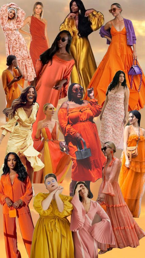 dress like the sunset for your next occasion #fashion #aesthetic #weddingcolors #weddingguest #dress #dressinspo #sunset #sunsetaesthetic #orange #yellow Sunset Aesthetic Outfits, 30th Outfit, Hamptons Bachelorette, Bach Themes, Tequila Sunset, Sunset Theme, 22nd Bday, Colorful Bathing Suit, Sunset Party